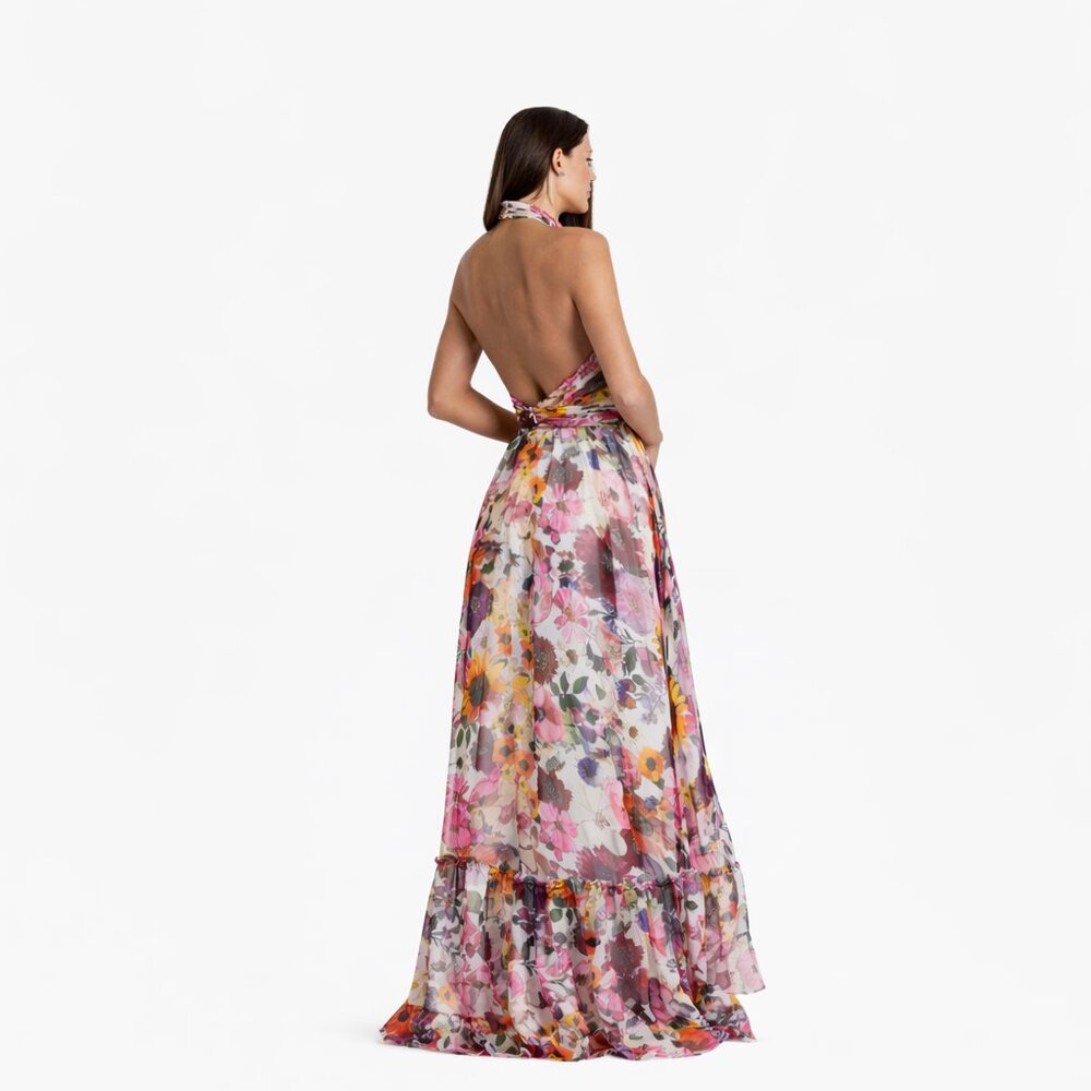 Mac Duggal Floral Halter Asymmetrical Evening Gown in Pink, Purple, Orange - Picture 2 of 4